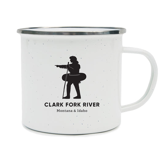 Silhouette of explorer William Clark pointing with an inner tube around his waist to signify the Clark Fork River in Missoula, MT on a camping mug.