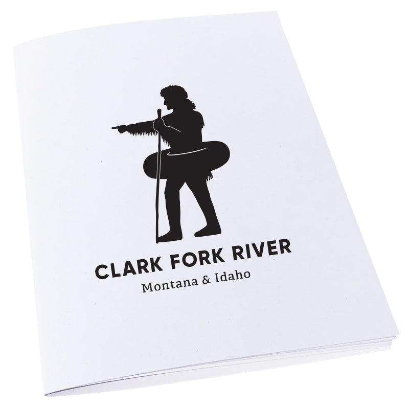 Silhouette of explorer William Clark pointing with an inner tube around his waist to signify the Clark Fork River in Missoula, MT on a notebook.