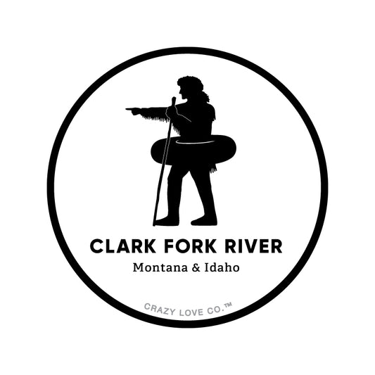 Silhouette of explorer William Clark pointing with an inner tube around his waist to signify the Clark Fork River in Missoula, MT on a sticker.