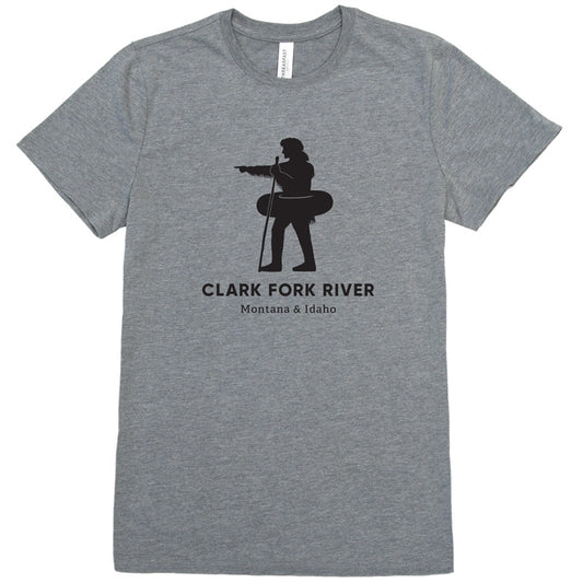 Silhouette of explorer William Clark pointing with an inner tube around his waist to signify the Clark Fork River in Missoula, MT on a gray t-shirt.