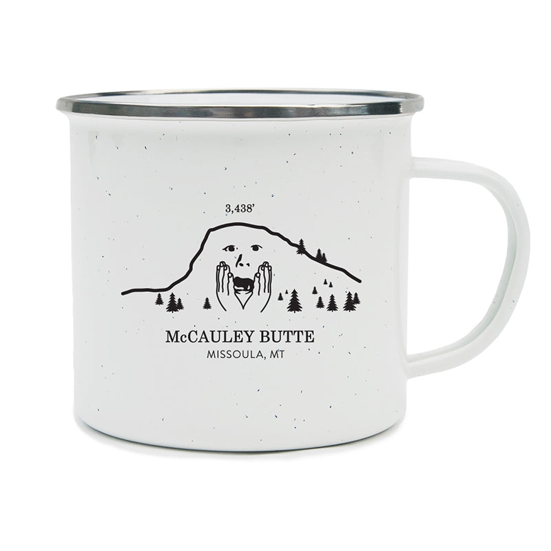 An image of a worried McCauley Butte in Missoula, Montana on a camping mug.