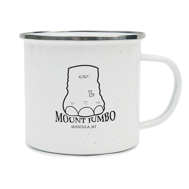 Elephant foot stomping on the words Mount Jumbo in Missoula, MT on a camping mug.