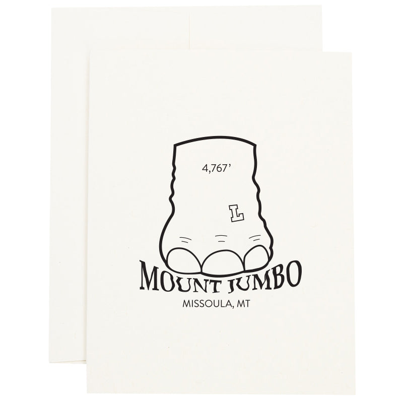 Elephant foot stomping on the words Mount Jumbo in Missoula, MT on a greeting card.