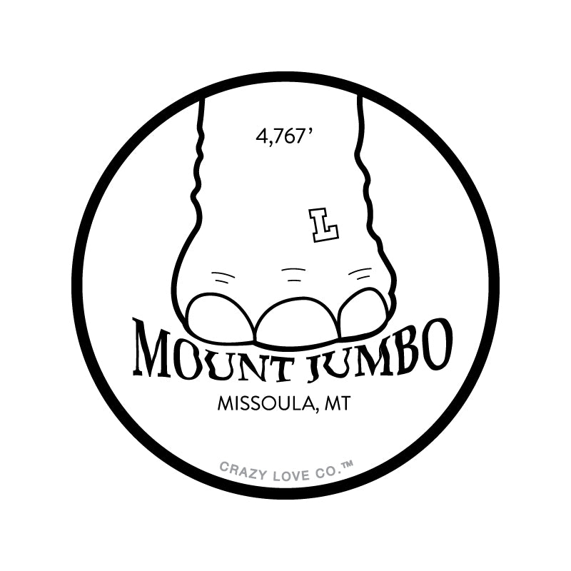 Elephant foot stomping on the words Mount Jumbo in Missoula, MT on a sticker.