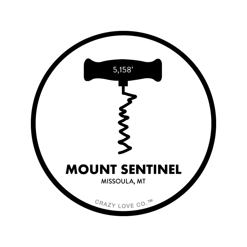 The M trail on Mount Sentinel in Missoula, MT as a corkscrew on a sticker.