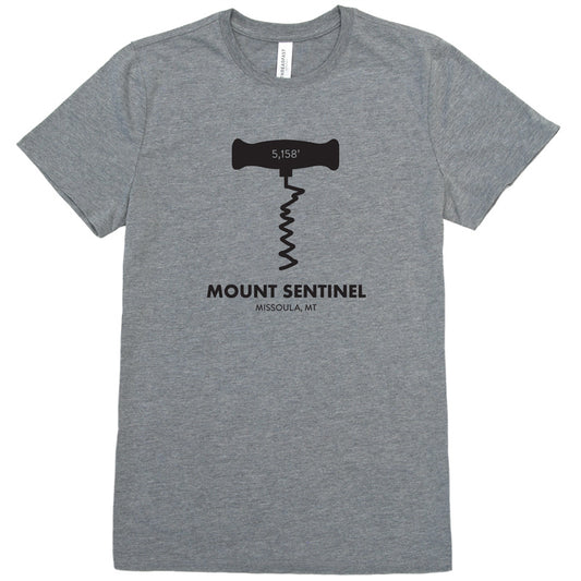 The M trail on Mount Sentinel in Missoula, MT as a corkscrew on a t-shirt.