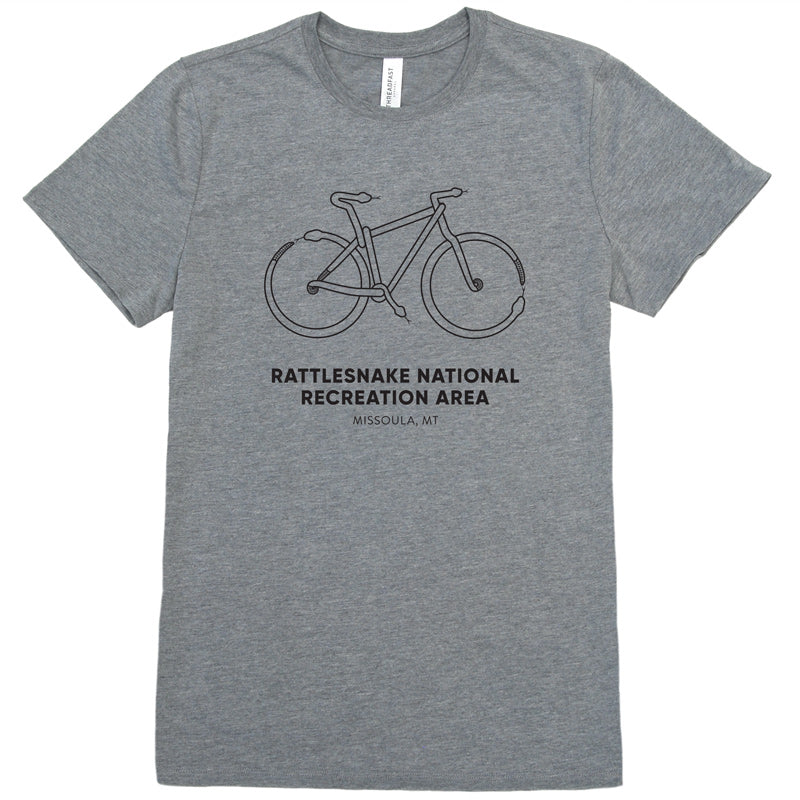 Mountain Bike made out of snakes to represent the Rattlesnake National Recreation Area near Missoula, MT on a gray t-shirt.