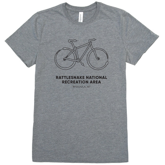 Mountain Bike made out of snakes to represent the Rattlesnake National Recreation Area near Missoula, MT on a gray t-shirt.