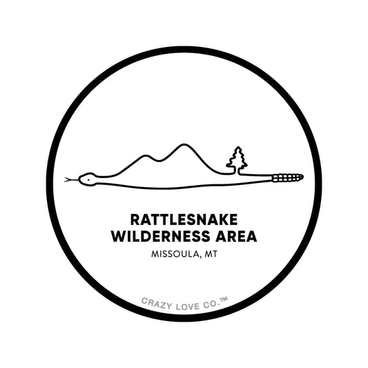 Image of Rattlesnake Wilderness Area in Missoula, Montana inside of a snake on a sticker.