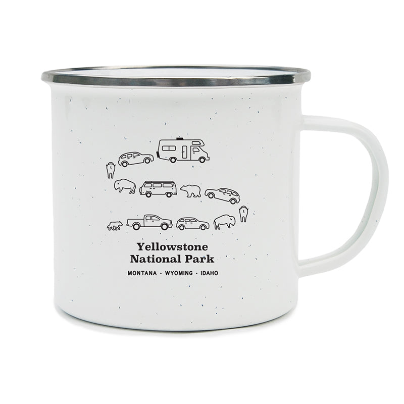 Image of a traffic jam at Yellowstone National Park in Montana, Wyoming, and Idaho with cars, campers, bears, and bison on a camping mug.